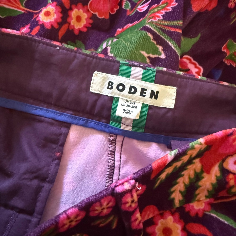 Boden Kew Velvet Richmond Pants Trousers 20-22R Purple Floral Botanical Holiday - Picture 8 of 10